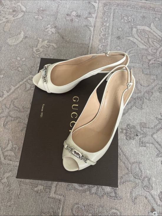 Gucci Shoes - Gucci Cream Leather Peep-Toe Slingback Heels with Silver Tags